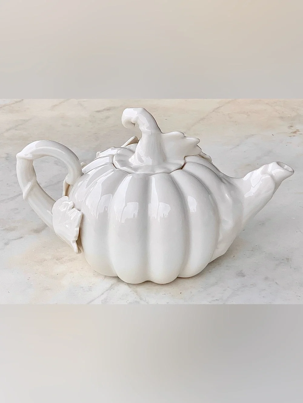 GRACE’S TEAWARE AUTUMN PUMPKIN TEA POT & LID WHITE BONE VINES 3D NEW PORCELAIN